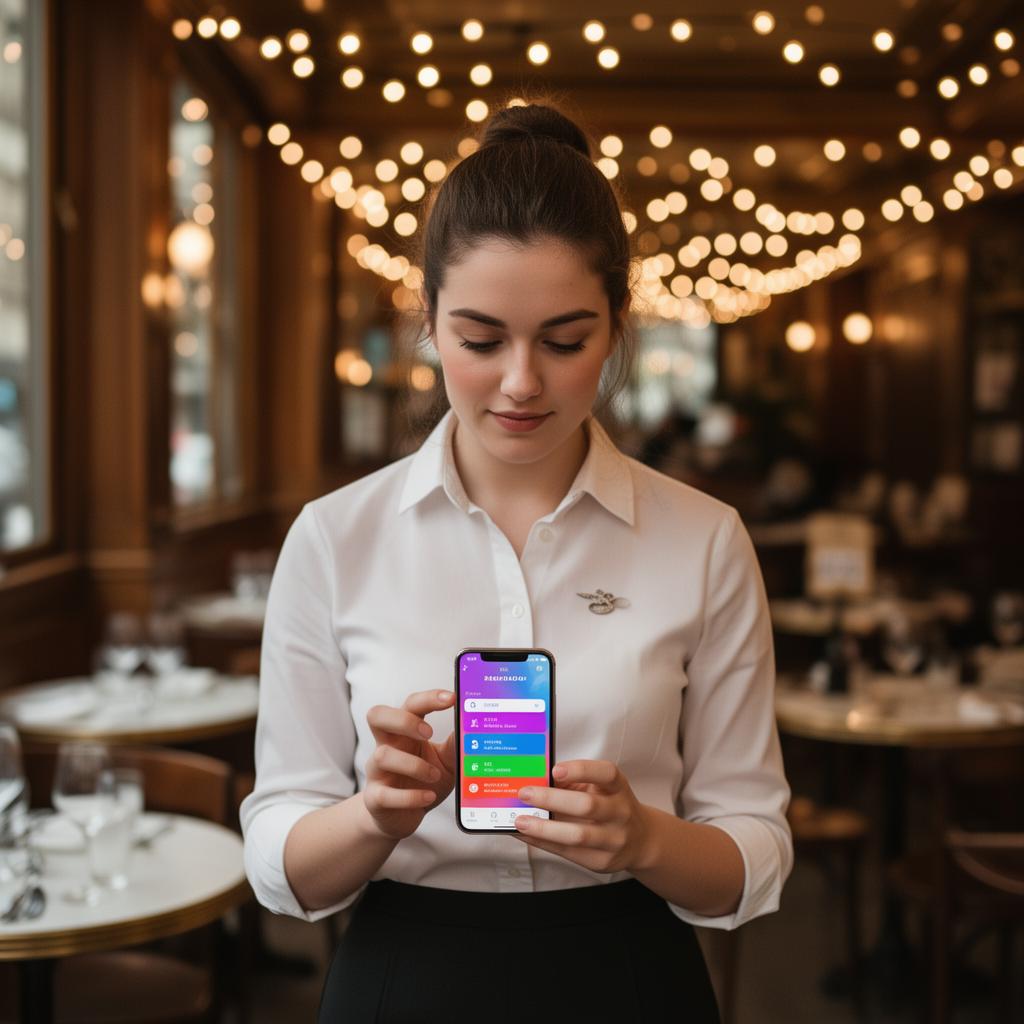 Serveuse consultant les réservations sur smartphone dans une brasserie parisienne